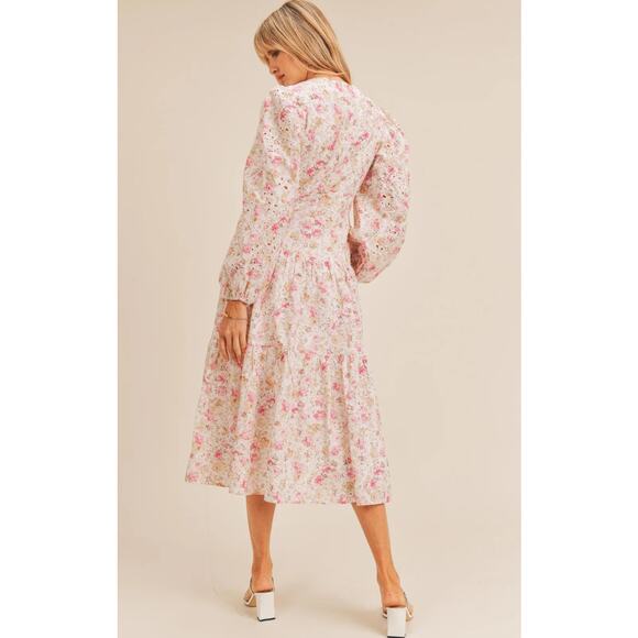 Just Me EVALYN Prairie Eyelet Lace Midi Dress in Pink Floral Size M NWOT $175 - Picture 3 of 6